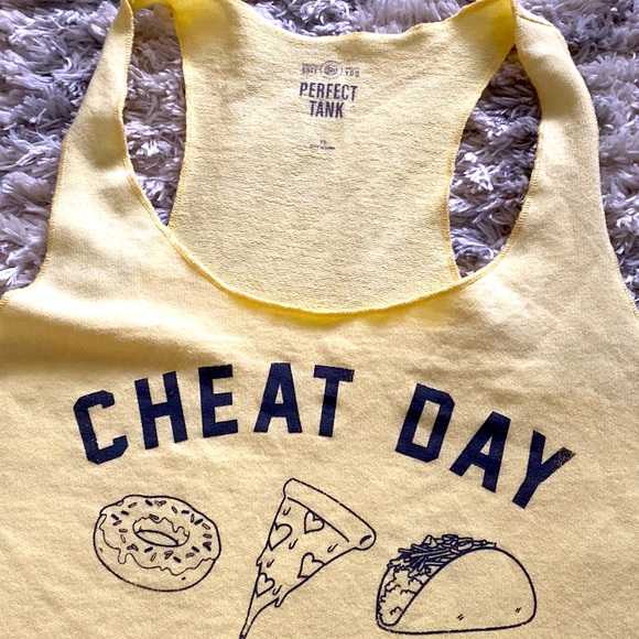 Cheat Day yellow racerback gym workout exercise tank Taco Pizza Donut XS - Picture 2 of 2